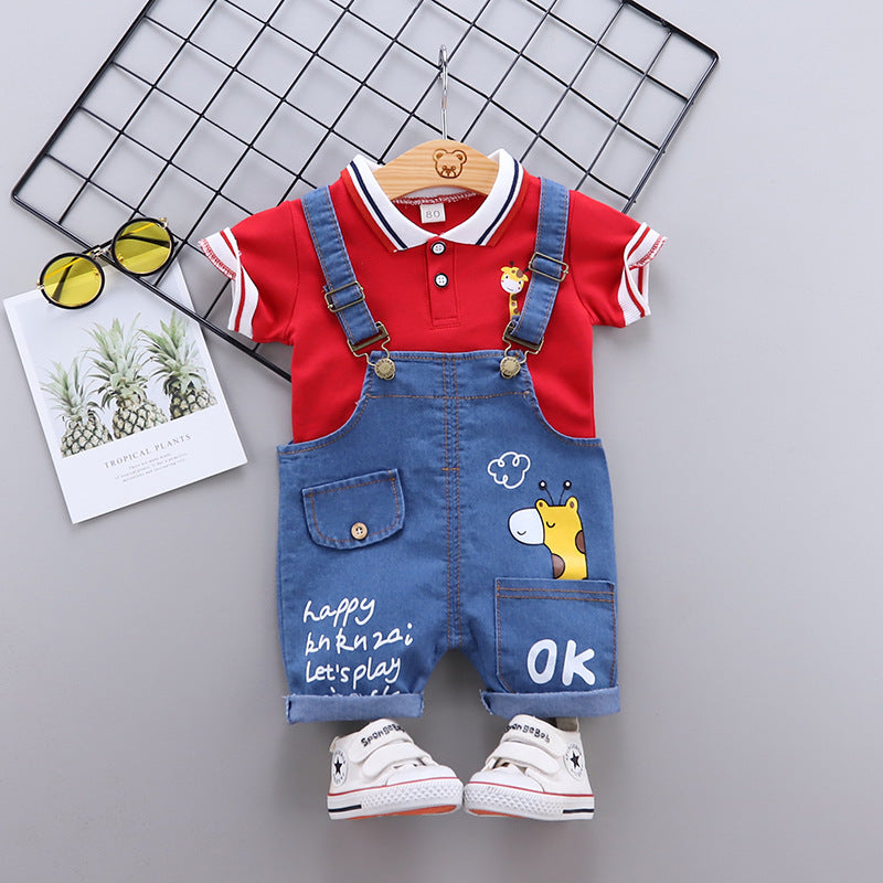 Red Polo Shirt with Denim Dungaree Short Set