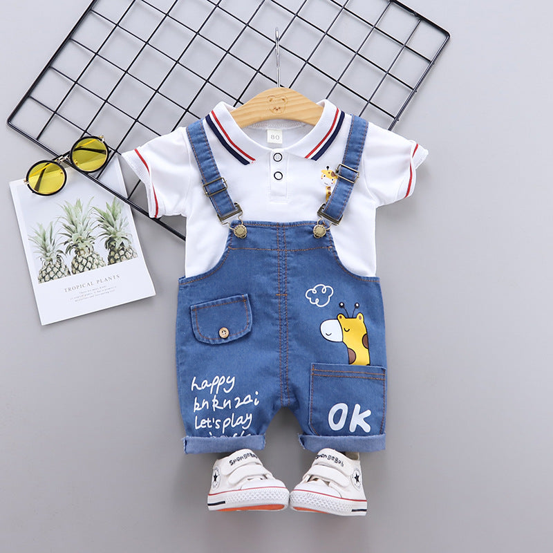 White Polo Shirt with Denim Dungaree Short Set