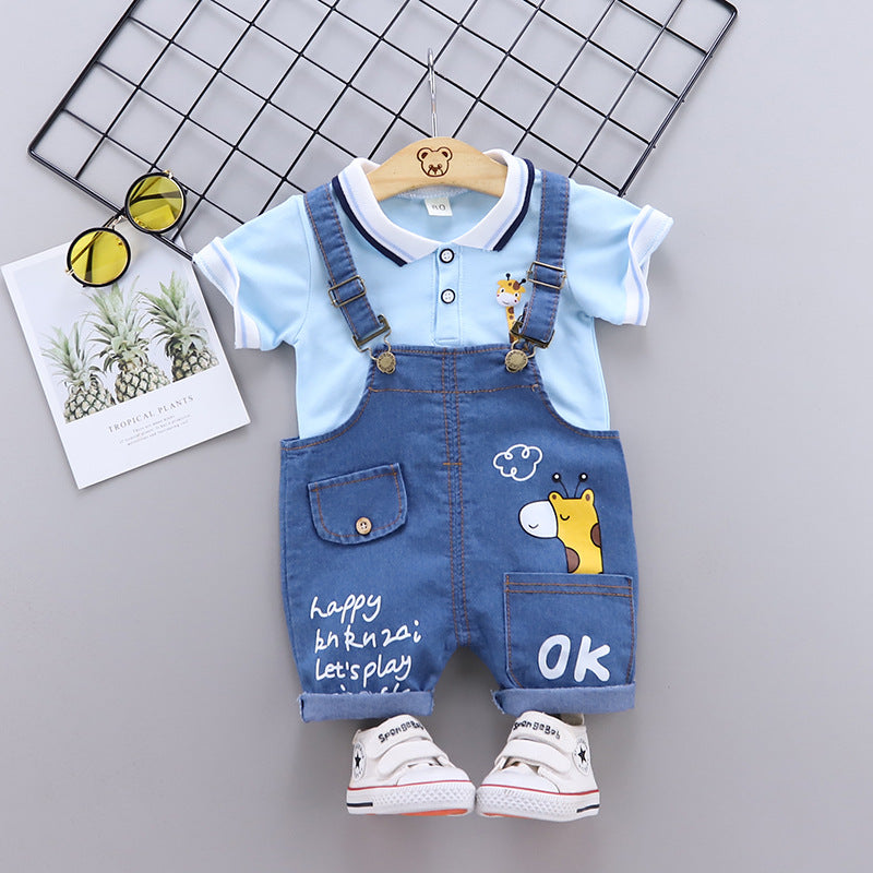 Light Blue Polo Shirt with Denim Dungaree Short Set