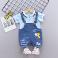 Light Blue Polo Shirt with Denim Dungaree Short Set