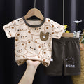 Beige Brown T-Shirt & Short Pants Set for Summer Character Cartoon Print Short Sleeves