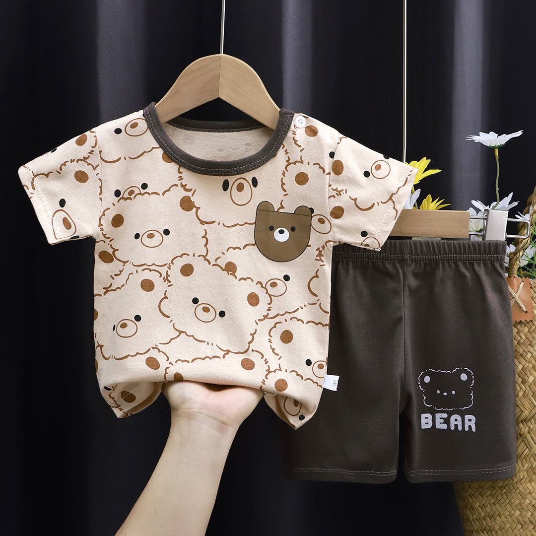 Beige Brown T-Shirt & Short Pants Set for Summer Character Cartoon Print Short Sleeves