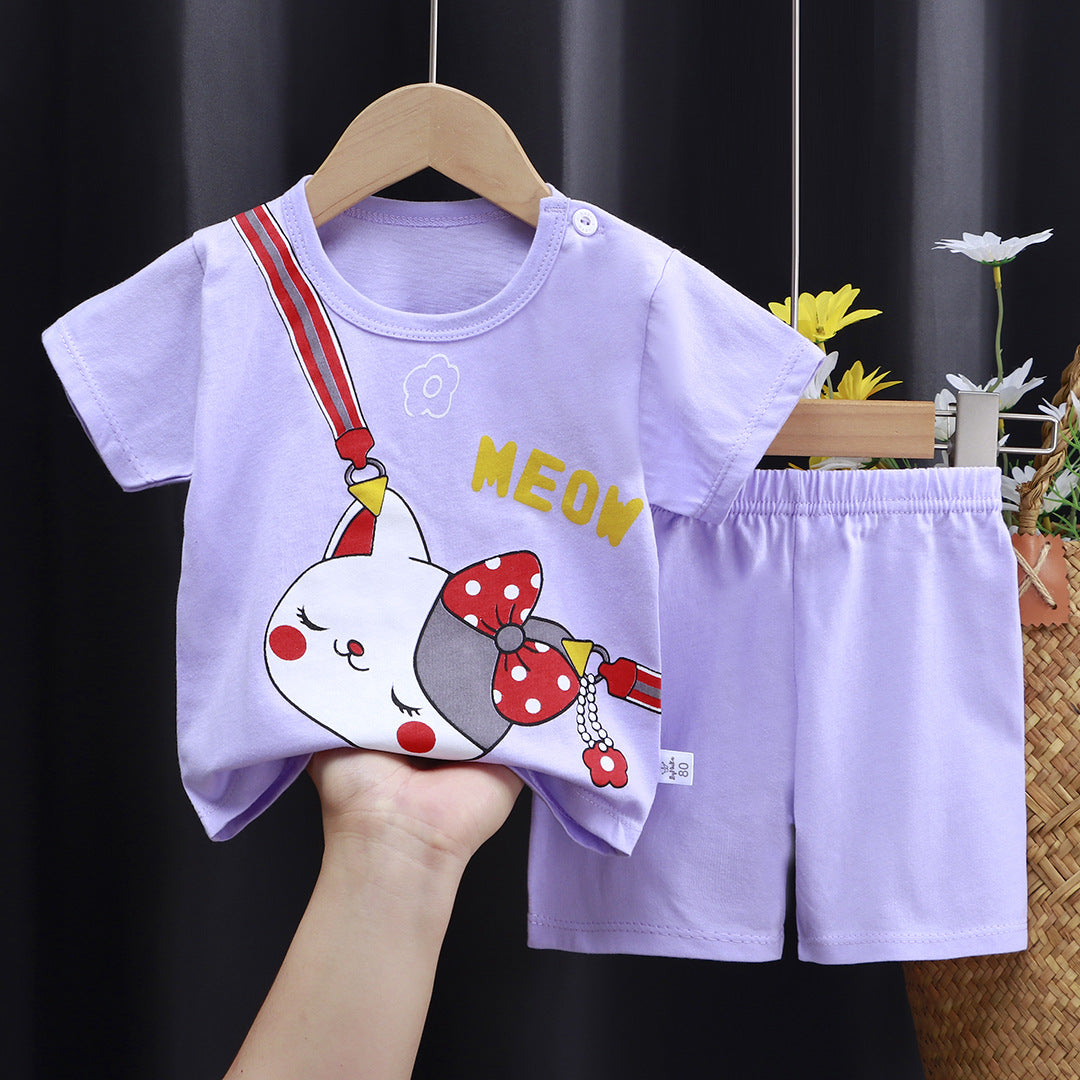 Purple Red T-Shirt & Short Pants Set for Summer Character Cartoon Print Short Sleeves