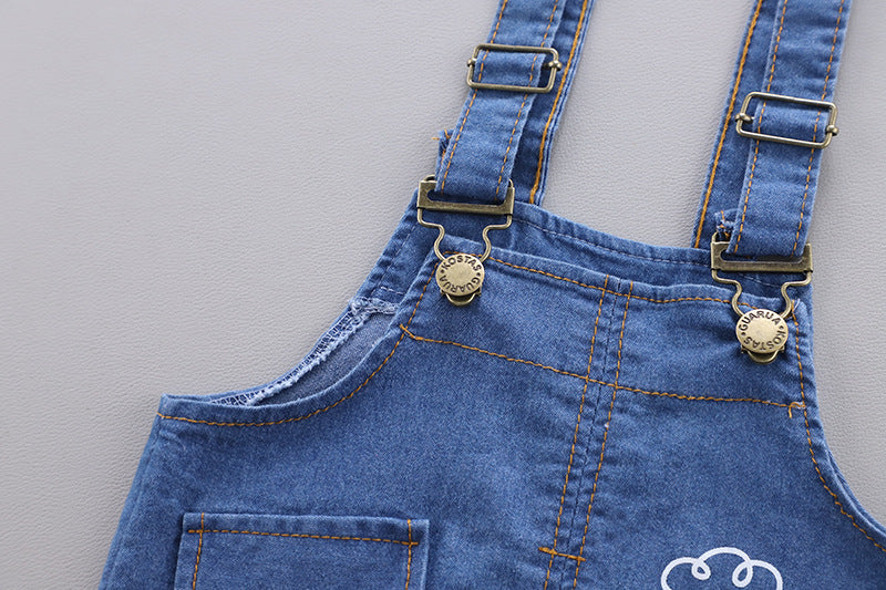 White Polo Shirt with Denim Dungaree Short Set