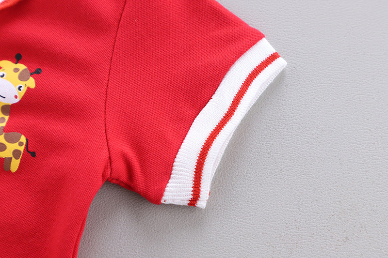 Red Polo Shirt with Denim Dungaree Short Set