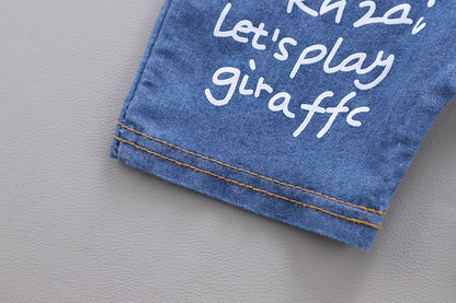 White Polo Shirt with Denim Dungaree Short Set