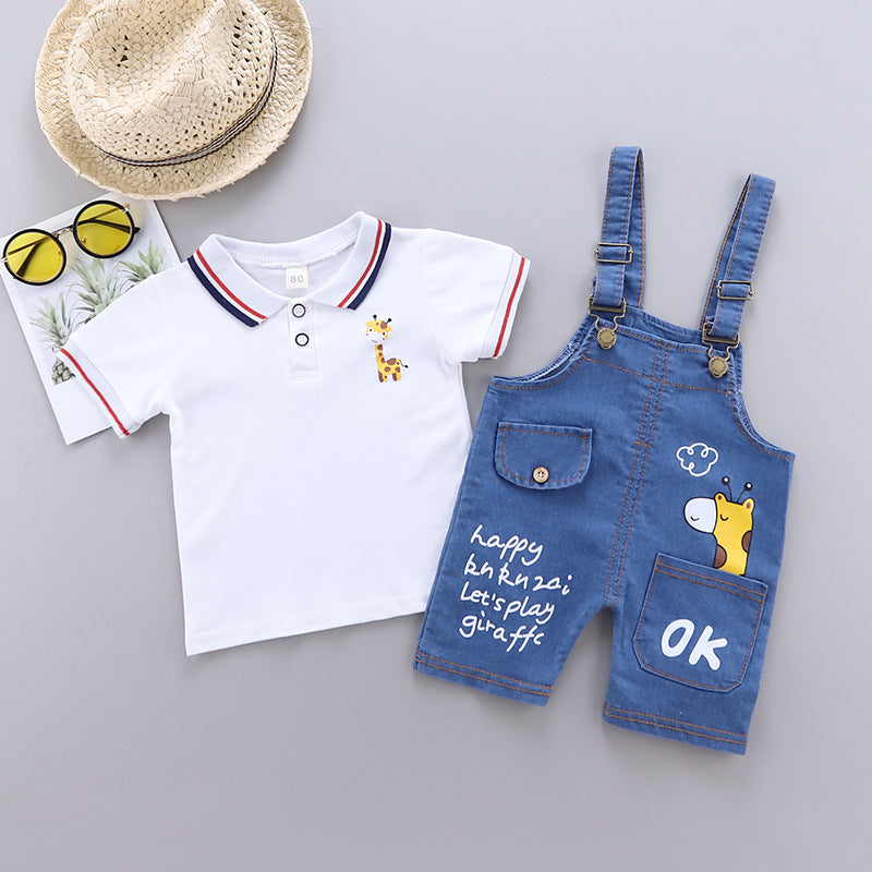 White Polo Shirt with Denim Dungaree Short Set