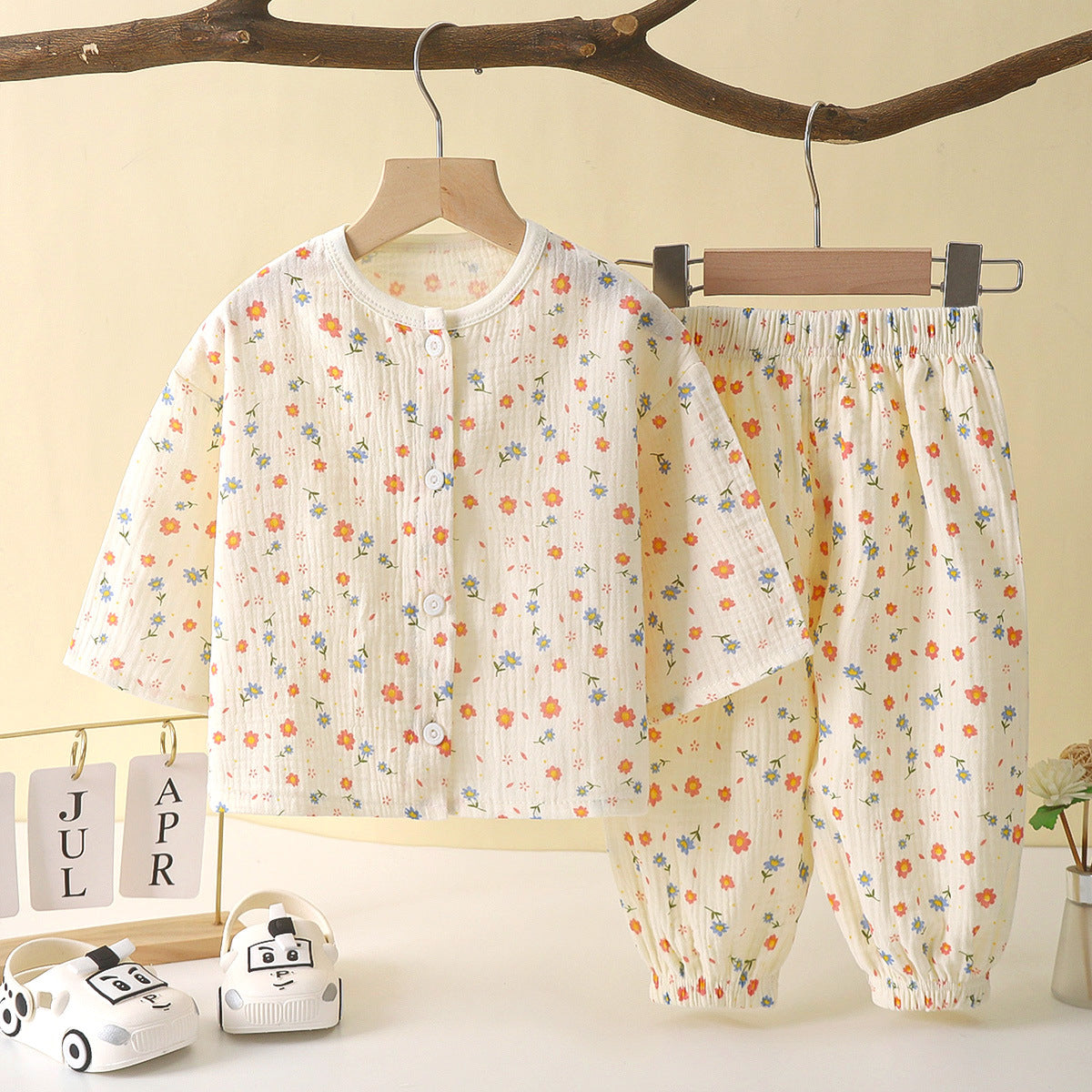 Floral Print Beige Shirt and Pajama Set