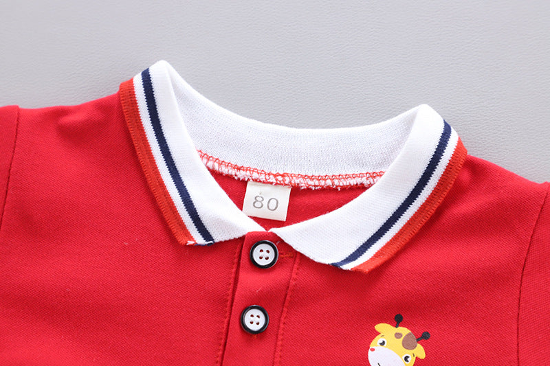 Red Polo Shirt with Denim Dungaree Short Set