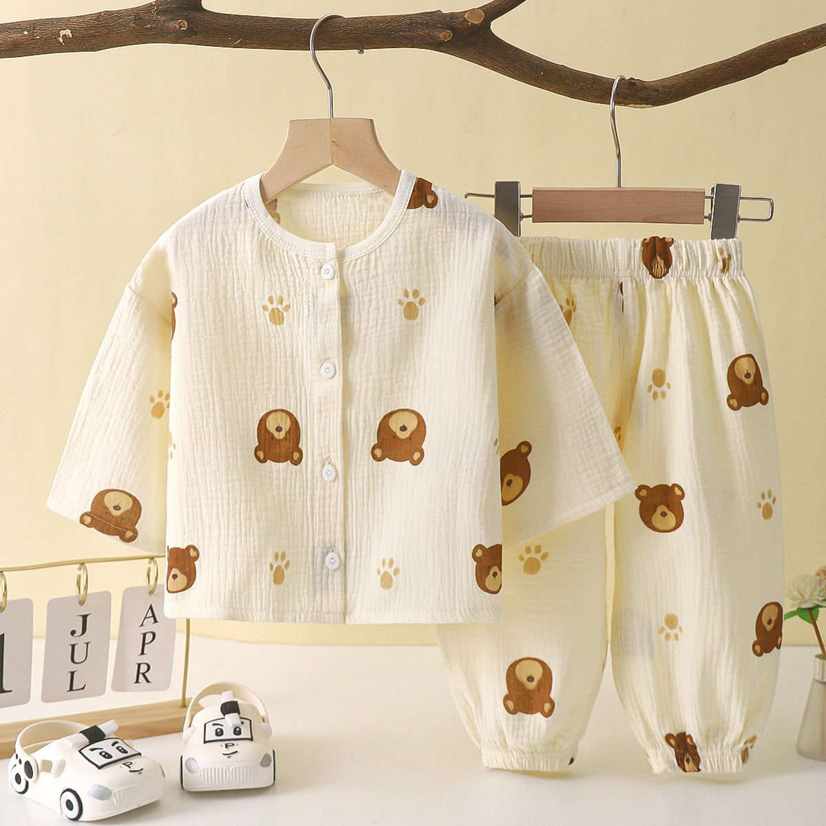 Bear and Paw Print Beige Shirt and Pajama Set