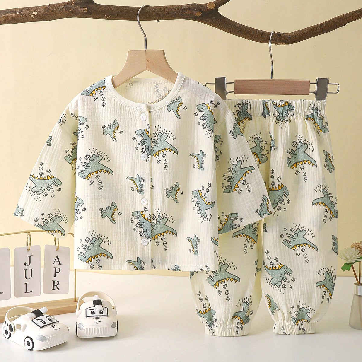 Dino Light Green Beige Shirt and Pajama Set