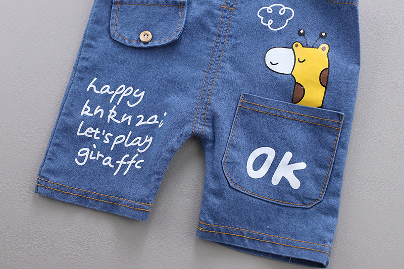 White Polo Shirt with Denim Dungaree Short Set