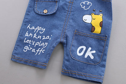 White Polo Shirt with Denim Dungaree Short Set