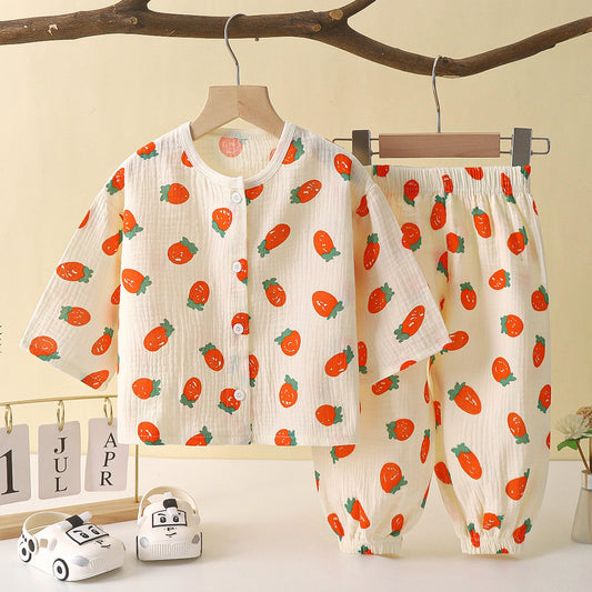 Strawberry Print Beige Shirt and Pajama Set