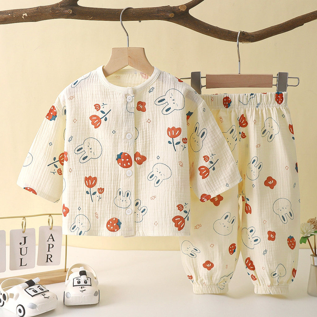 Strawberry Flower and Cartoon Print Beige Shirt and Pajama Set