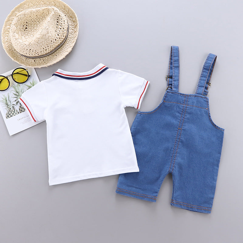 White Polo Shirt with Denim Dungaree Short Set