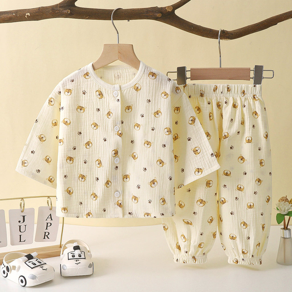 Cartoon Print Beige Shirt and Pajama Set