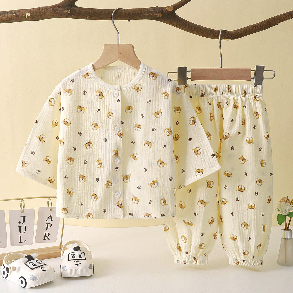 Cartoon Print Beige Shirt and Pajama Set