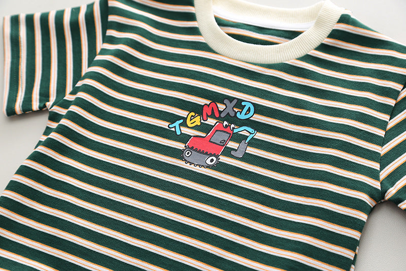 Black n Beige Stripes T-Shirt with Denim Dungaree Short Set