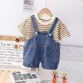 Brown Stripes T-Shirt with Denim Dungaree Short Set