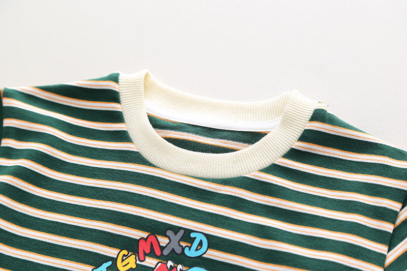 Black n Beige Stripes T-Shirt with Denim Dungaree Short Set