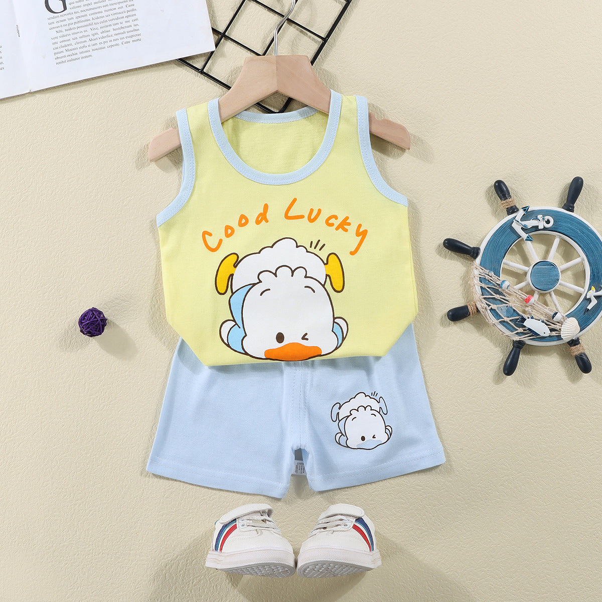 Yellow Sando & Light Blue Short Pants Set Cartoon Print