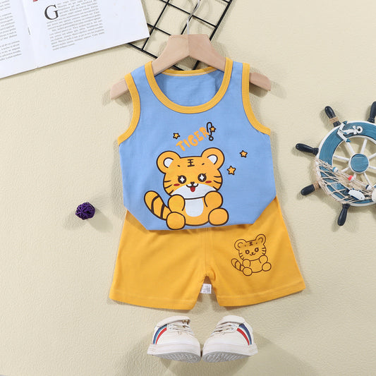 Tiger Print Blue Sando & Orange Short Pants Set