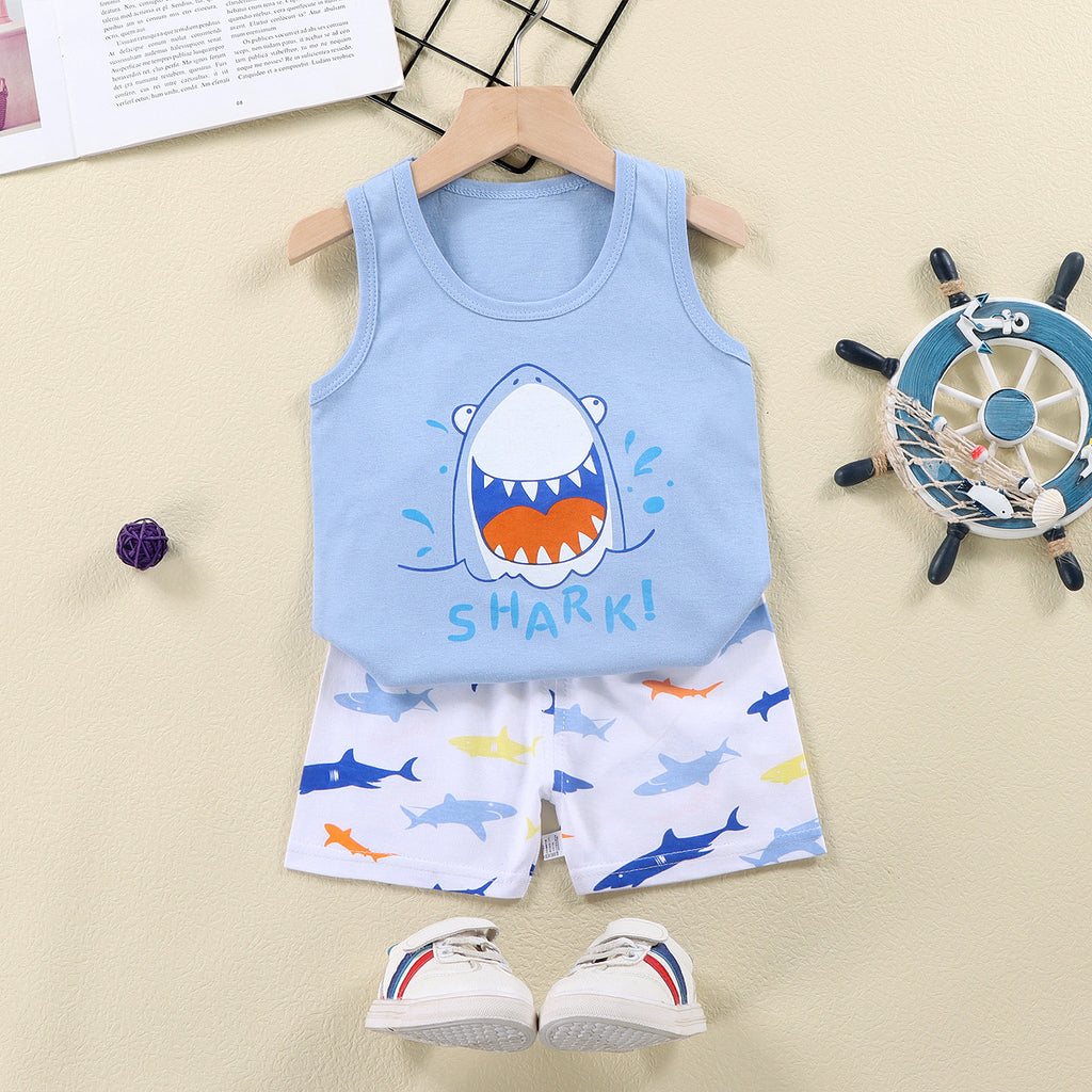 Light Blue Sando & Short Pants Set Cartoon Print