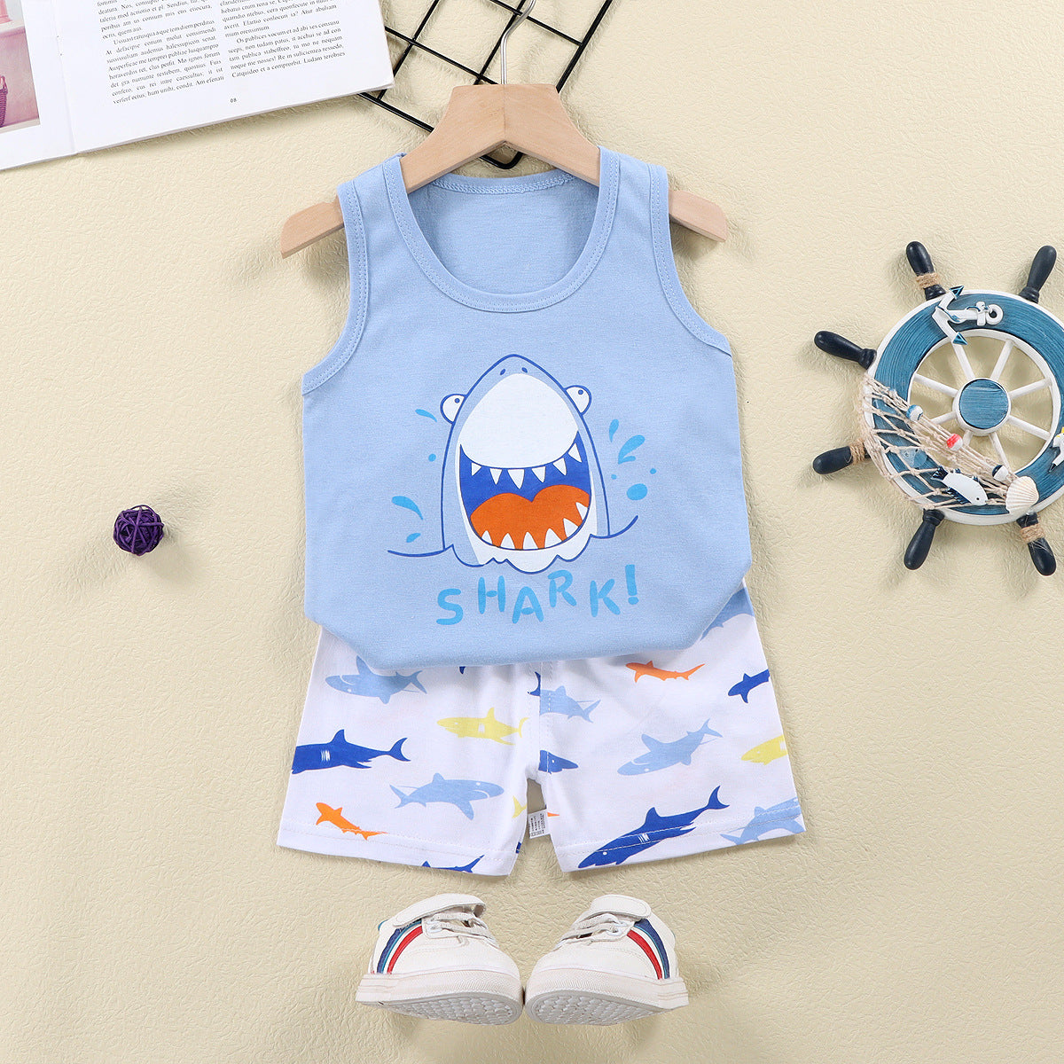 Light Blue Sando & Short Pants Set Cartoon Print