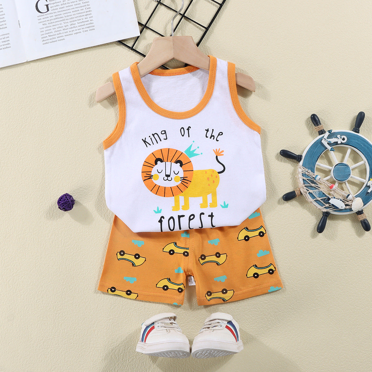 Lion Print White Sando & Orange Short Pants Set