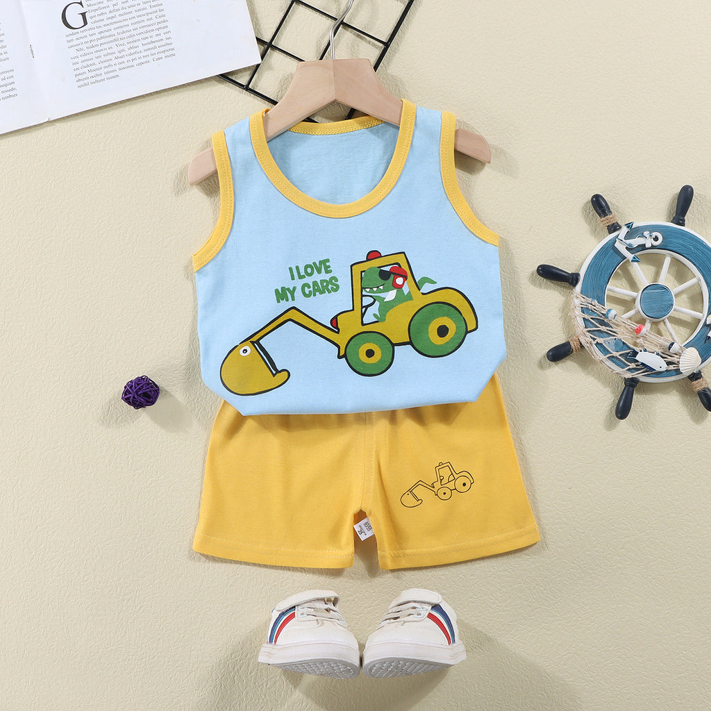Light Blue Sando & Yellow Short Pants Set Cartoon Print
