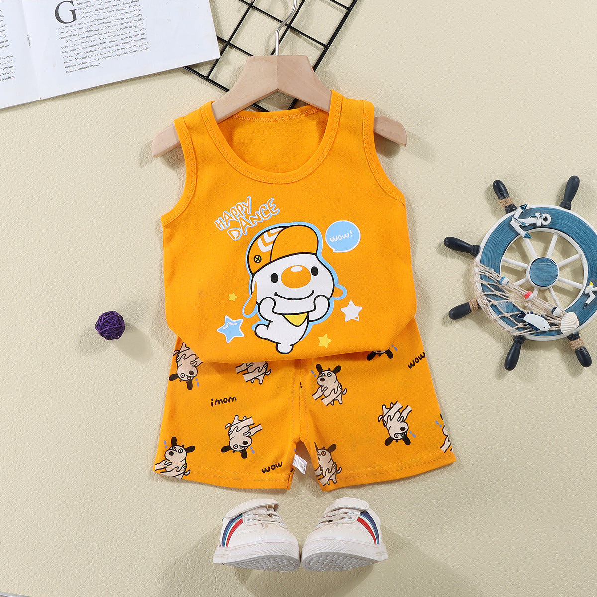 Orange Sando & Short Pants Set Cartoon Print