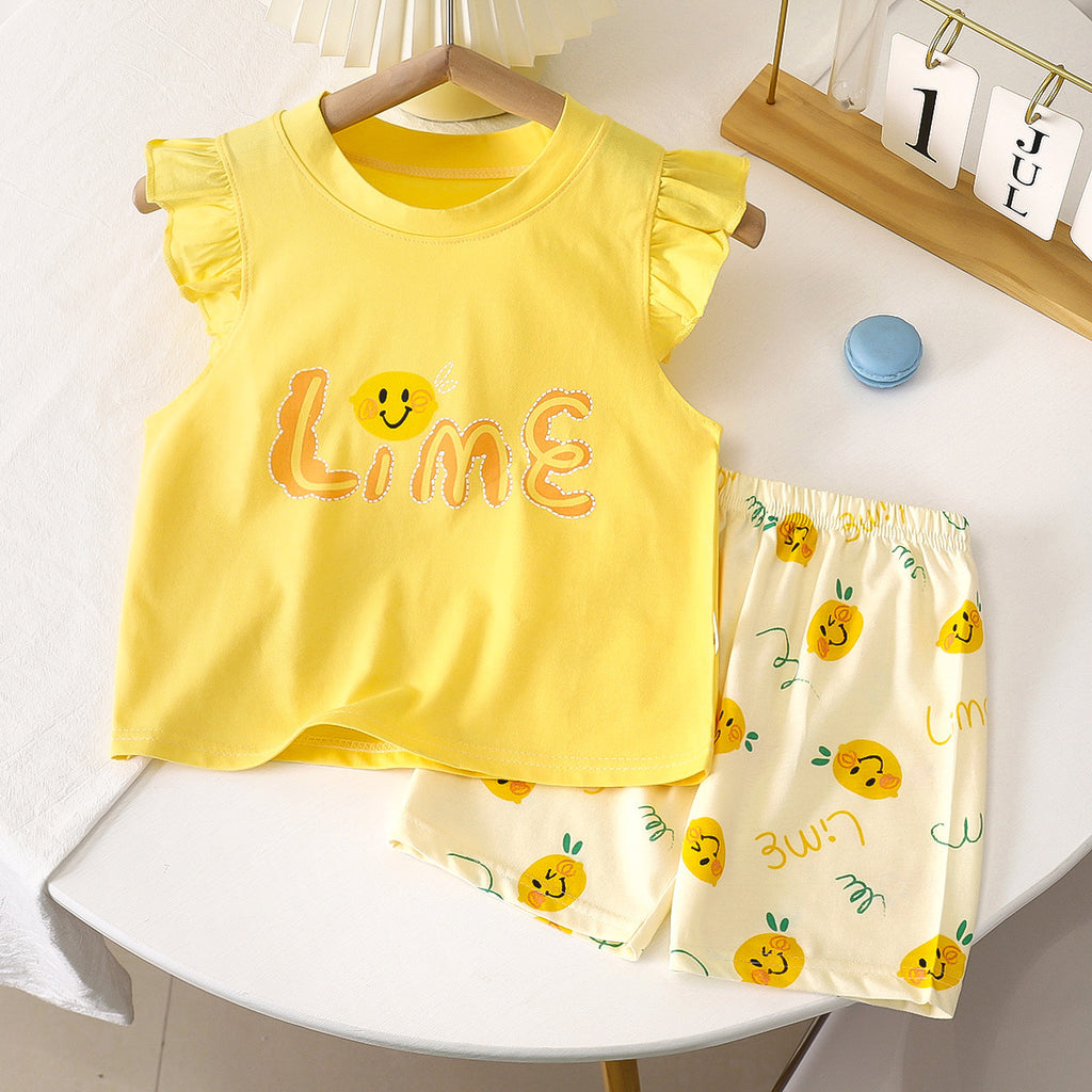 Lime Yellow Pleated Fly Sleeves Top and Shorts Set