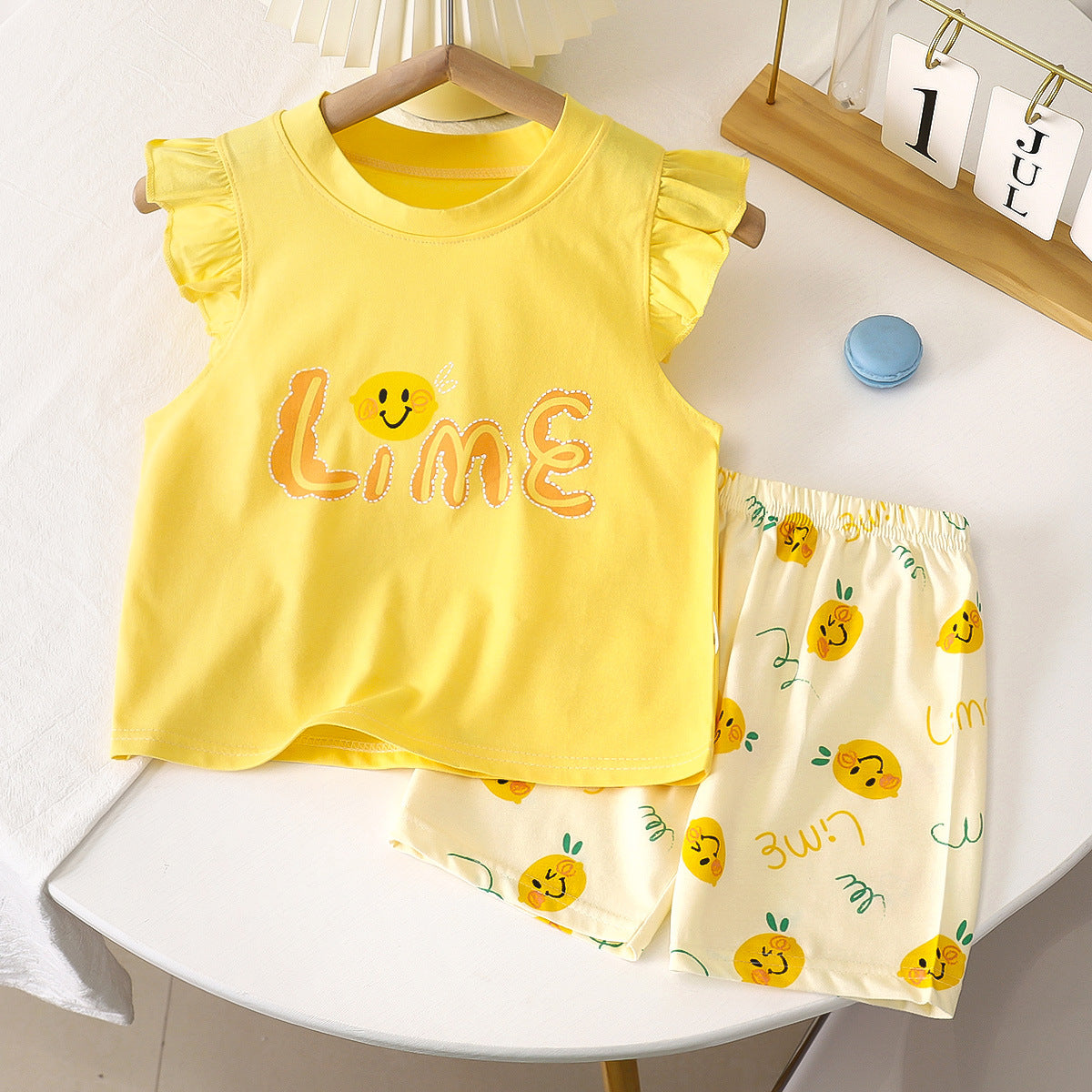 Lime Yellow Pleated Fly Sleeves Top and Shorts Set