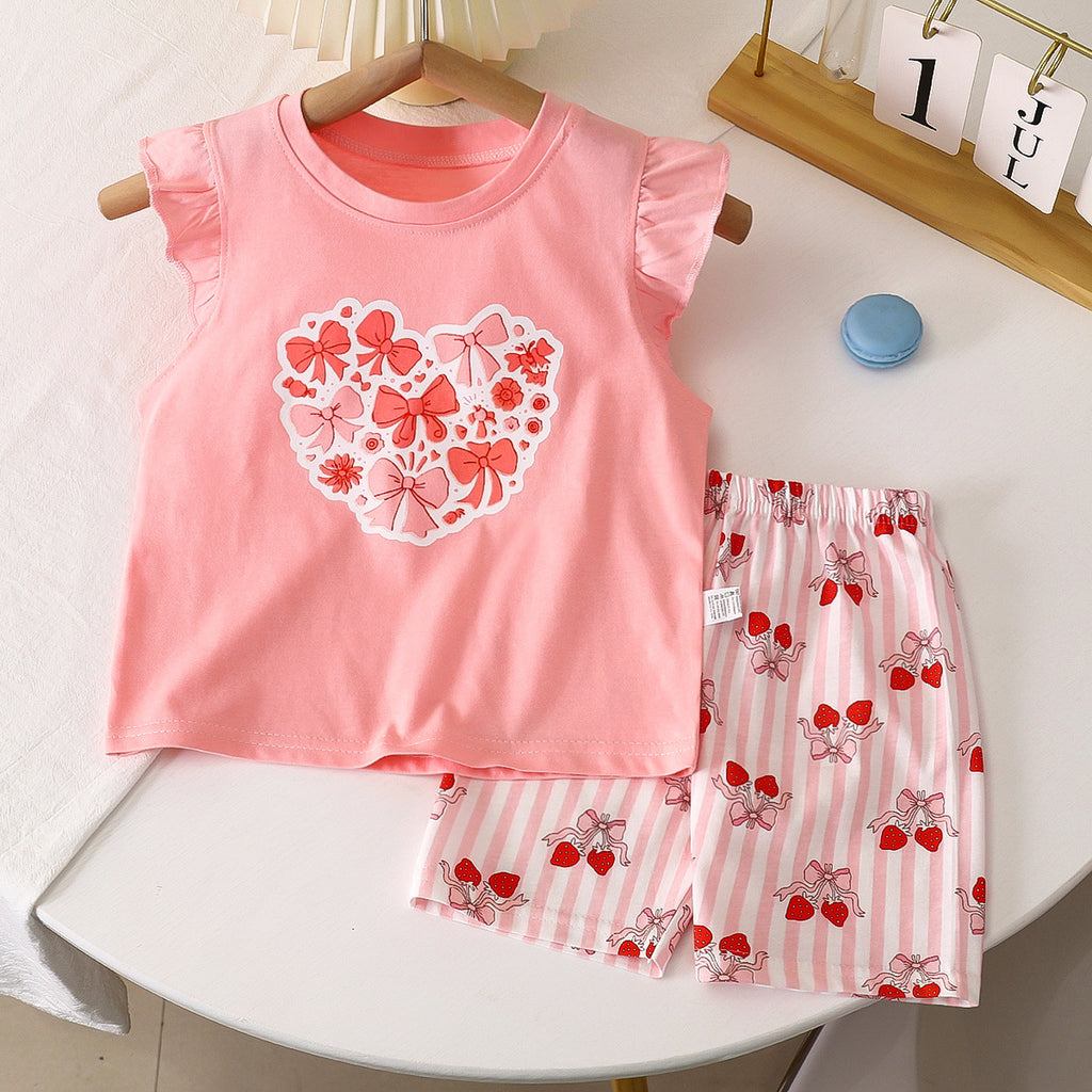 Pink Big Heart Print Pleated Fly Sleeves Top and Shorts Set