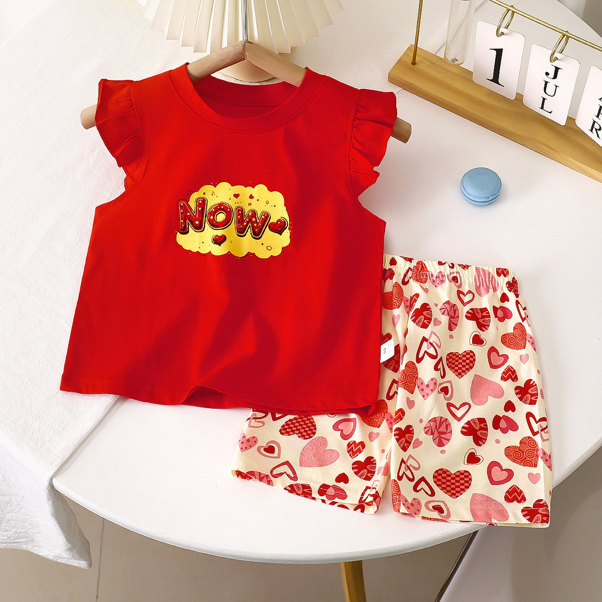 Red Now Print Pleated Fly Sleeves Top and Shorts Set