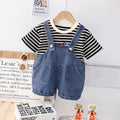 Black n Beige Stripes T-Shirt with Denim Dungaree Short Set