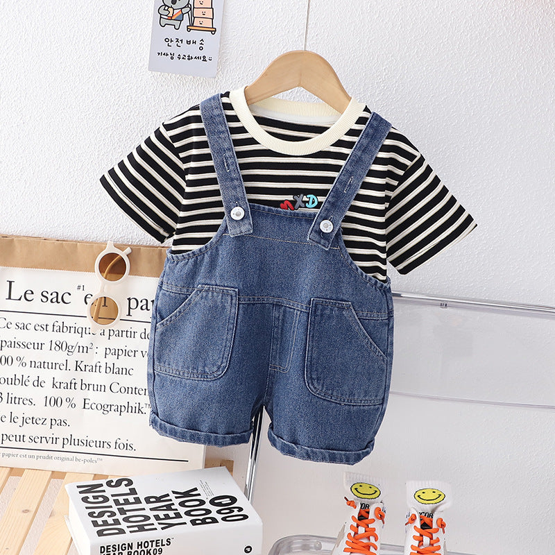 Black n Beige Stripes T-Shirt with Denim Dungaree Short Set