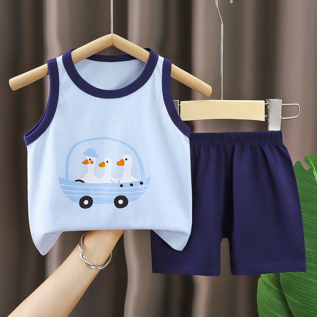 Blue Sando & Short Pants Set Cartoon Print
