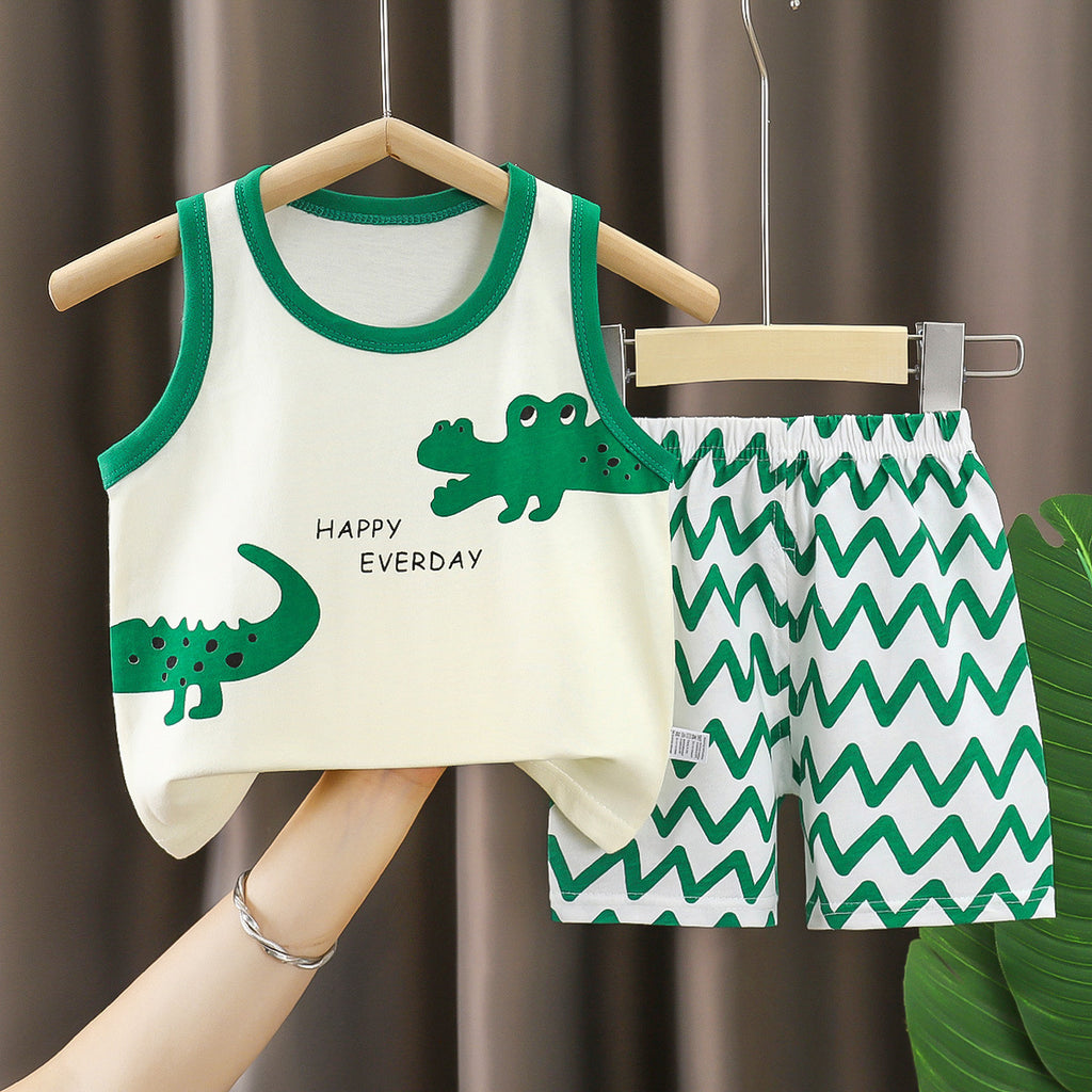 Beige Sando & Green Wave Short Pants Set Cartoon Print