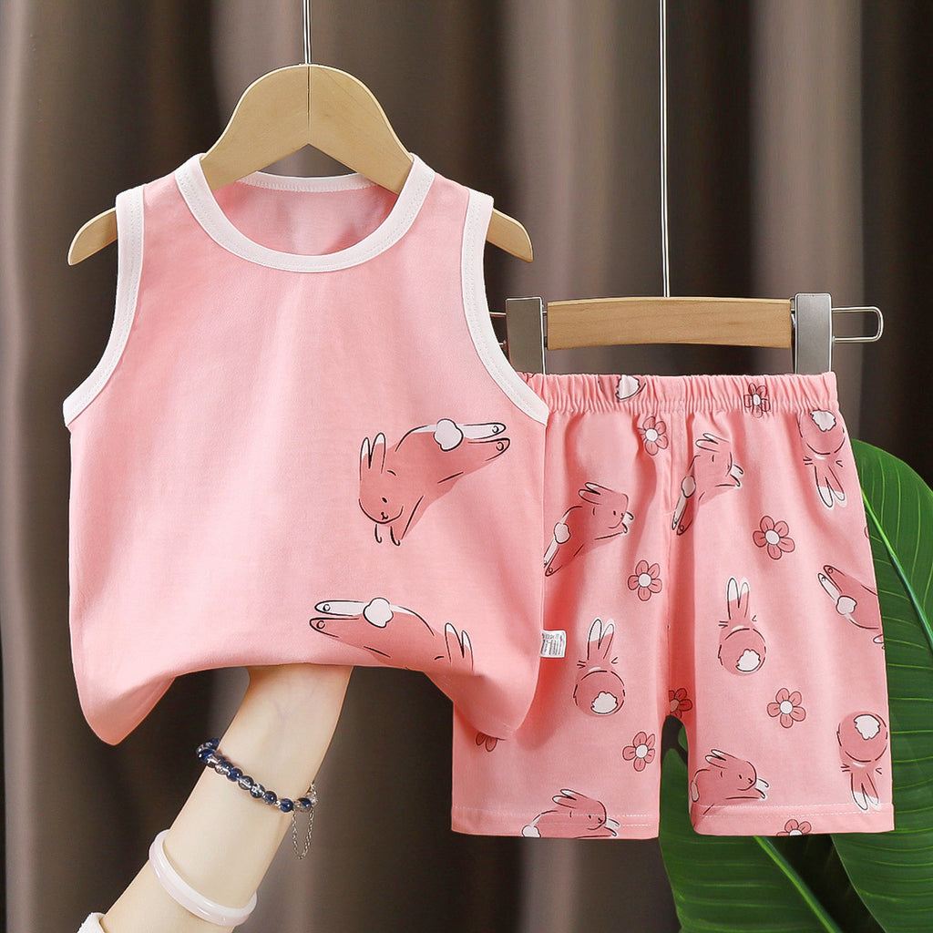 Pink Sando & Short Pants Set Cartoon Bunny Print