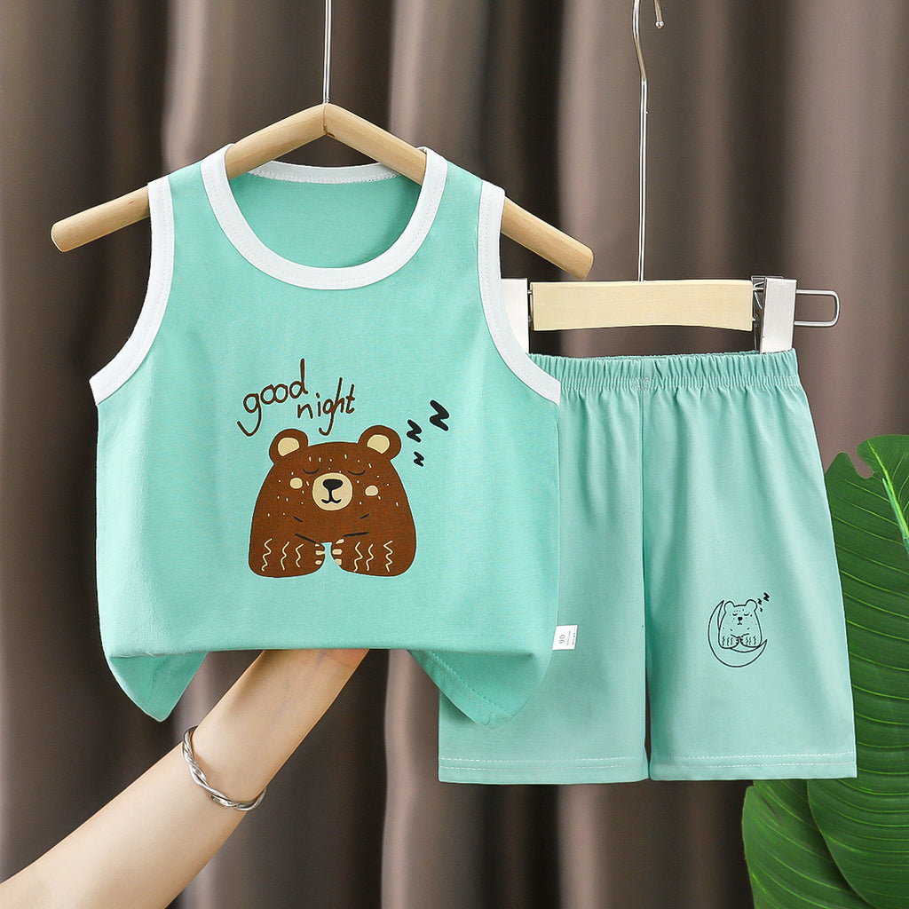 Green Sando & Short Pants Set Cartoon Print