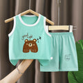 Green Sando & Short Pants Set Cartoon Print