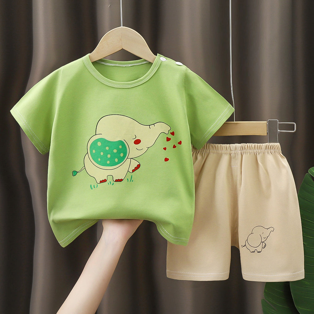 Green Beige T-Shirt & Short Pants Set for Summer Character Cartoon Print Short Sleeves