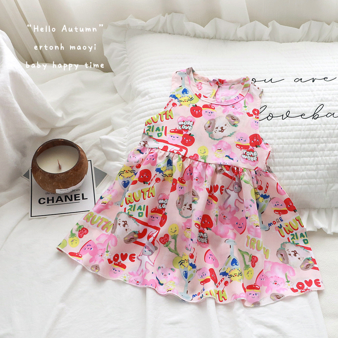 Baby Pink Base Floral Sleeveless Frock