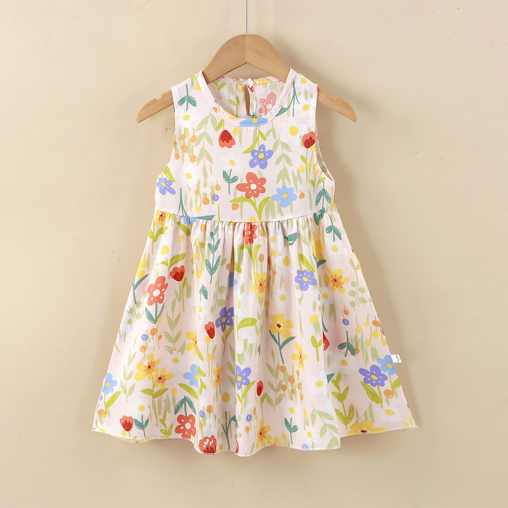 Cream Base Floral Sleeveless Frock