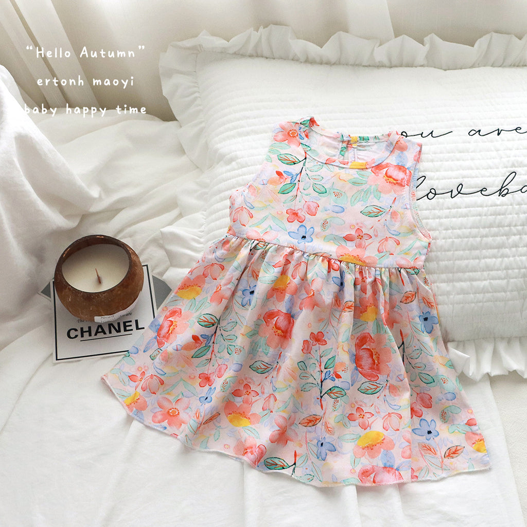 Light Pink Base Floral Sleeveless Frock