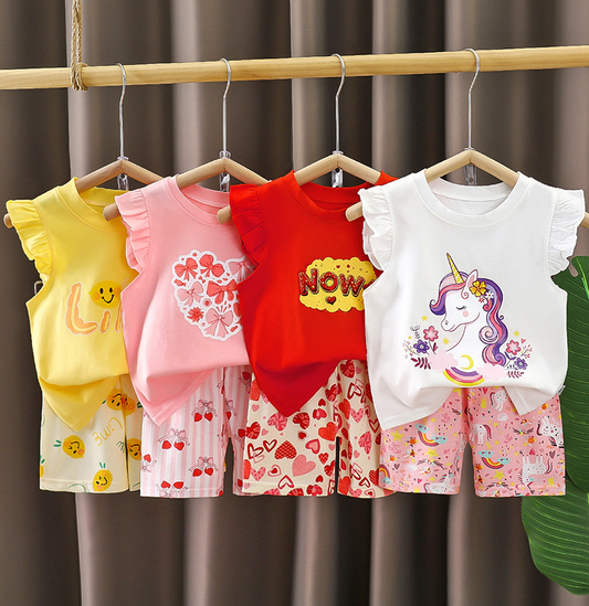 Pink Big Heart Print Pleated Fly Sleeves Top and Shorts Set