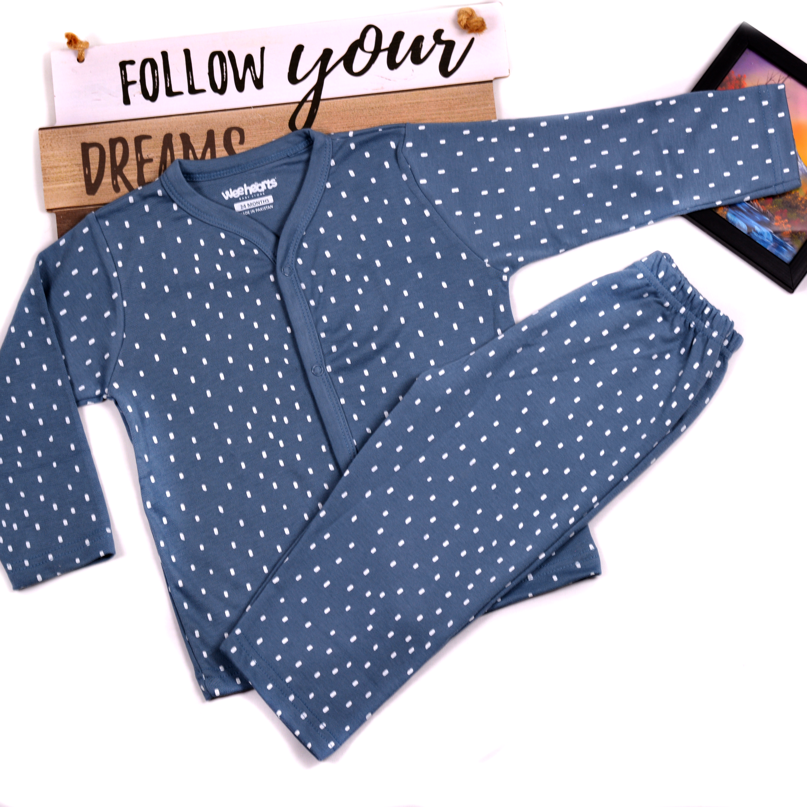Hello Theme Night Suit Long Sleeves Grey & White Dotted