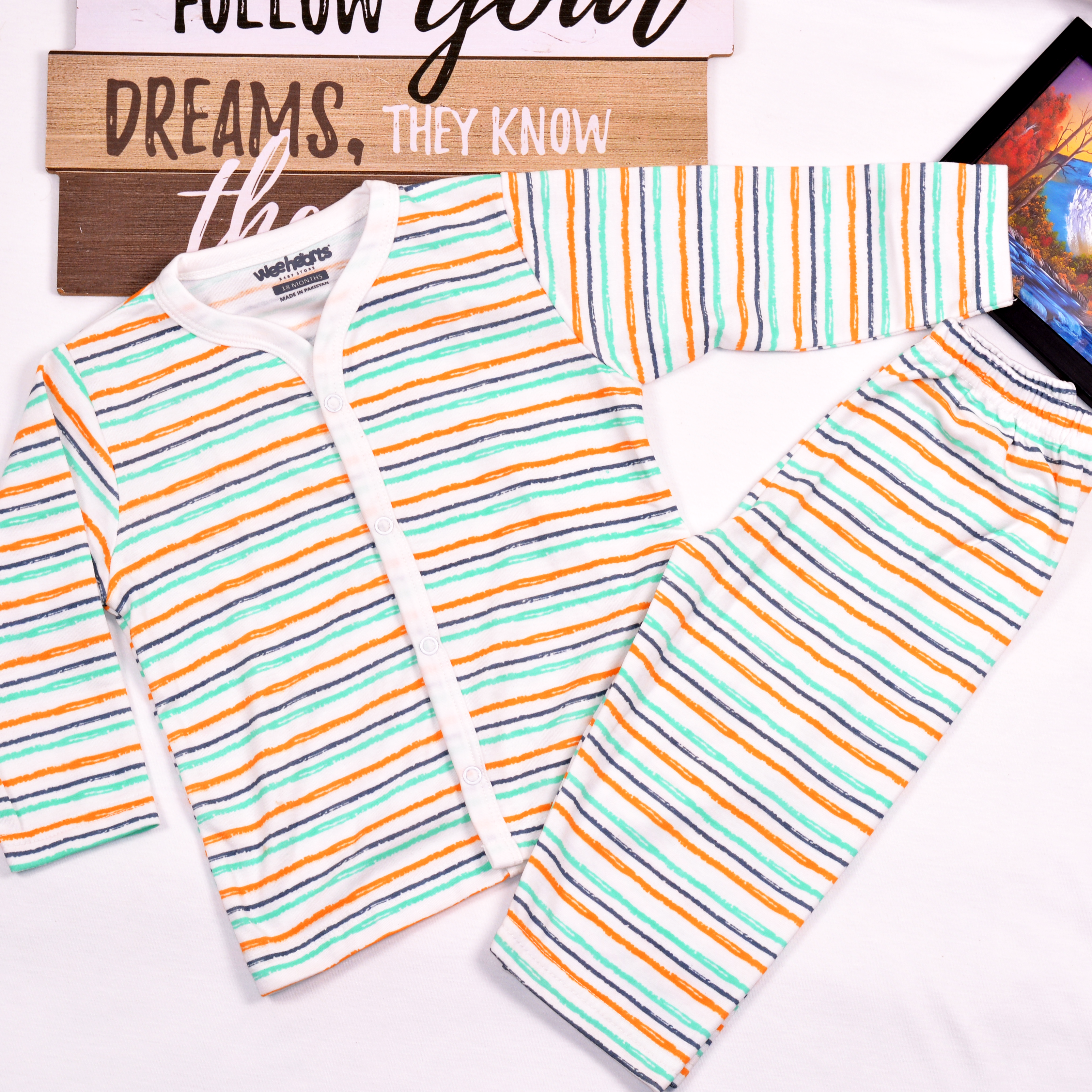 Hello Theme Night Suit Long Sleeves Multicolor Stripes